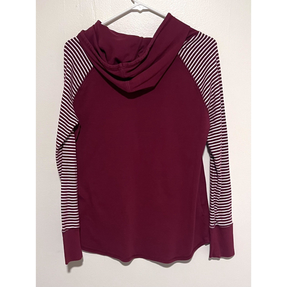 Eddie Bauer Top Womens Large Hoodie Tee Cranberry Red Stripe Sleeve Cotton Shirt - Picture 3 of 5